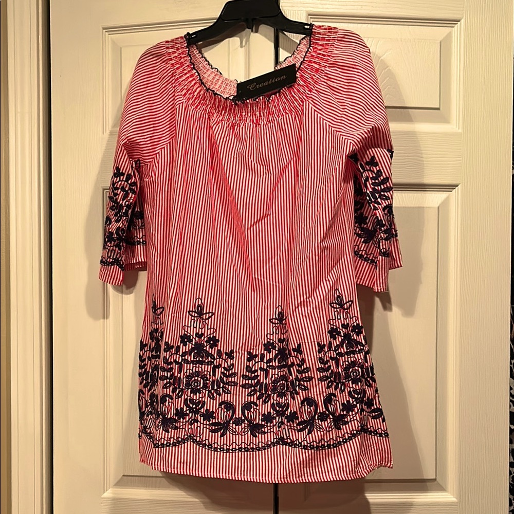 Creation sz M - Red/White Striped Elastic Neckline Dress with Black Embroidery.
